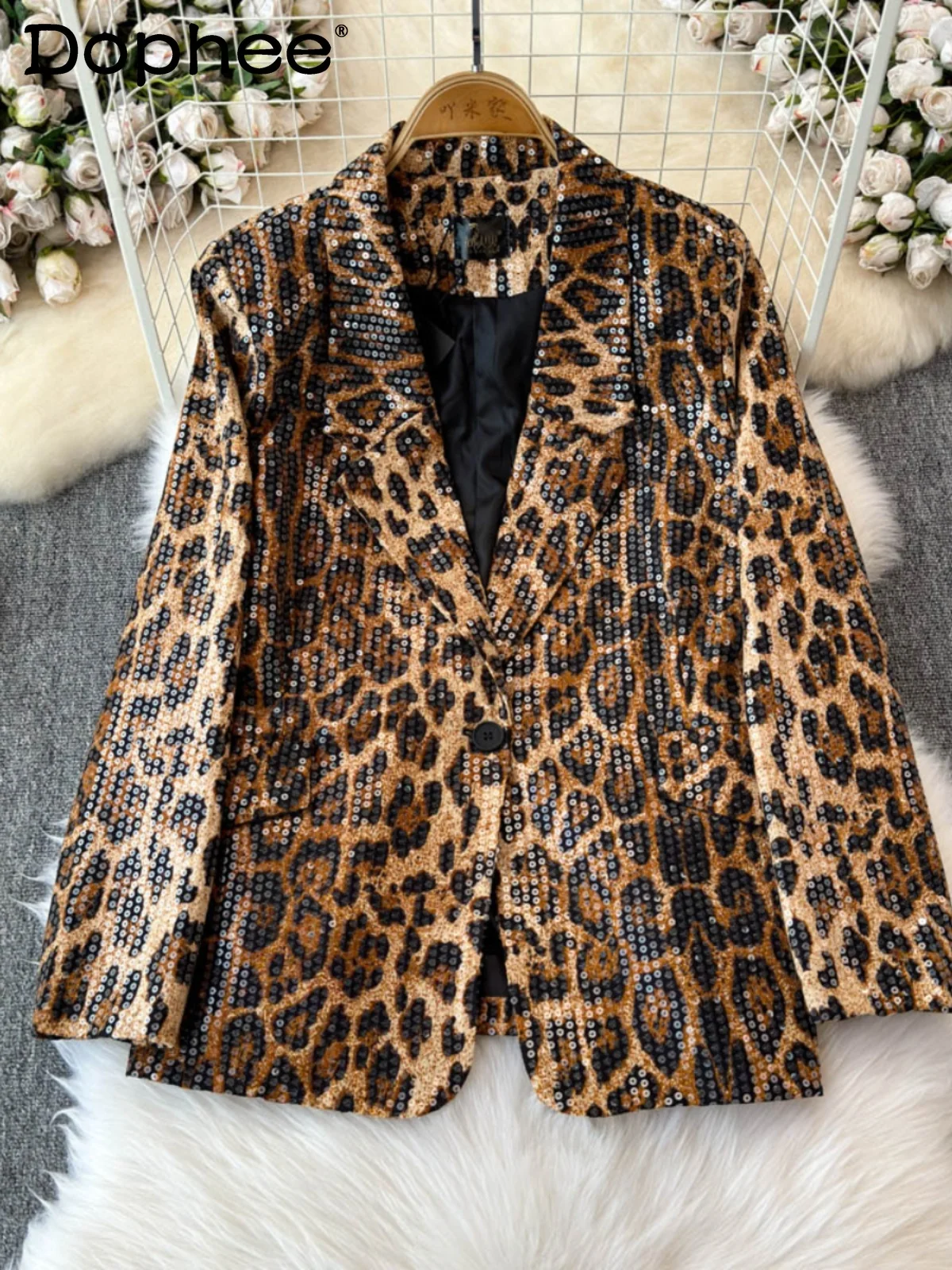 Street Style Leopard Print Suit Blazer Female 2024 Autumn New Fashion Sequined Temperament Suit Collar Loose Coat Jacket Women