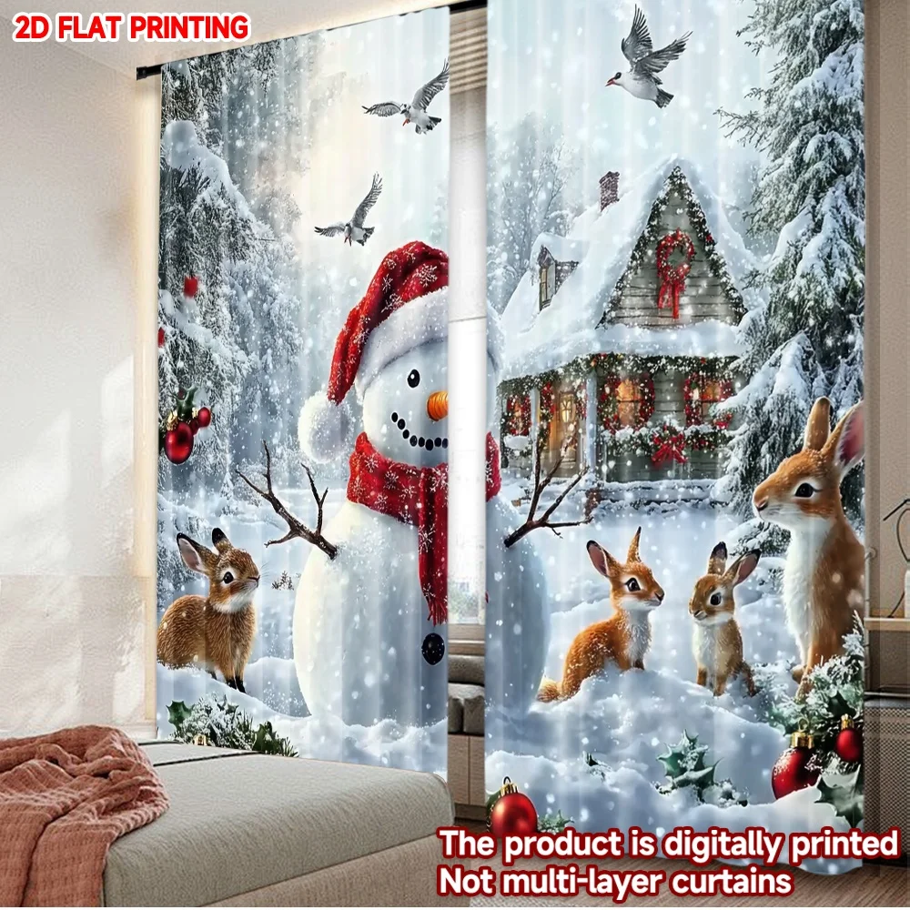 2D-Flachdruck, 2 Stück, Frohe Weihnachten, Party-Vorhänge, Weihnachten, Schneemann und Waldtiere, kostengünstig und stilvoll, 100 % Polyester
