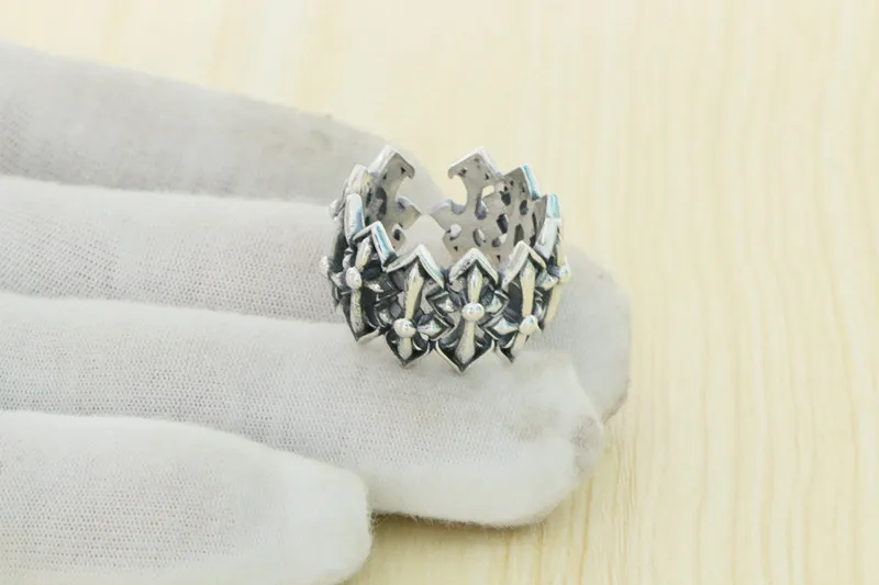 S925 Sterling Silver Vintage Personality Hollow Cross Ring Opening Ring European and American male punk trend wide face ring