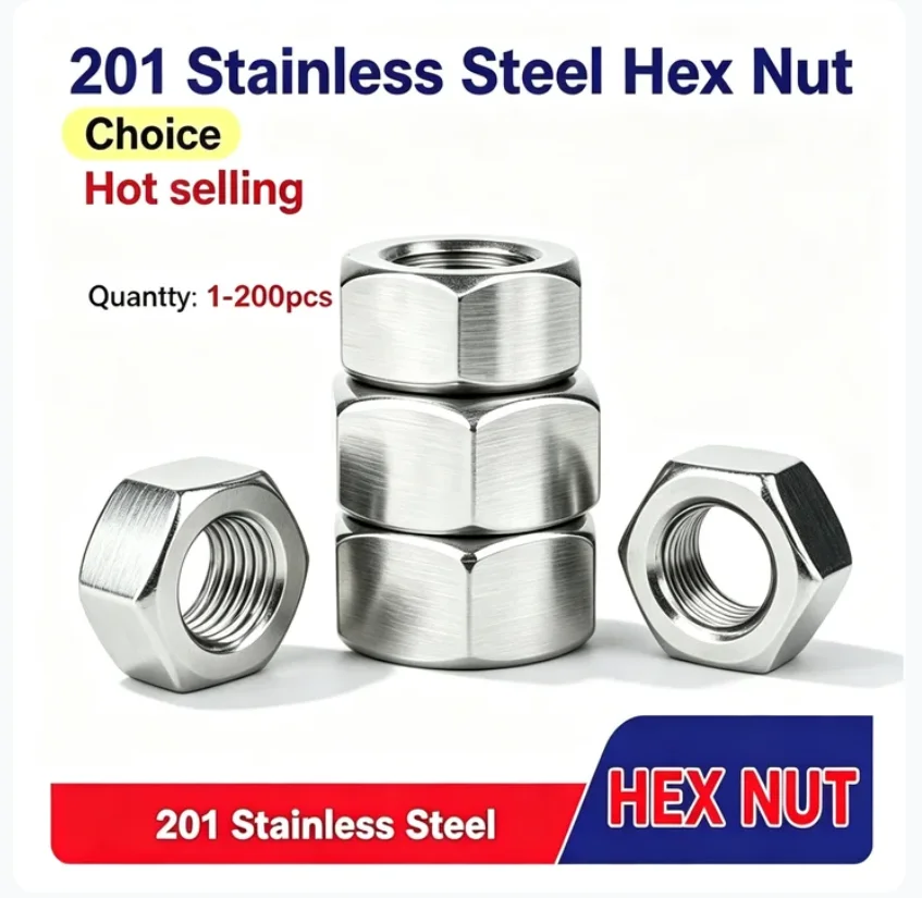 201 Stainless Steel Hex Nut M3 M4 M5 M6 M8 M10 M12 M14 M16 M18 M20 M22 M24 M27 M30 Hex Nuts 1-200pcs
