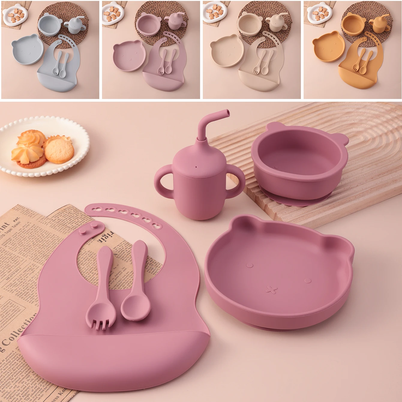 

Color Kids 6PCS Cartoon Bear Silicone Feeding Set Suction Bowl Dishes Plate Bib Portable Cup Utensils Infant Self Feeding