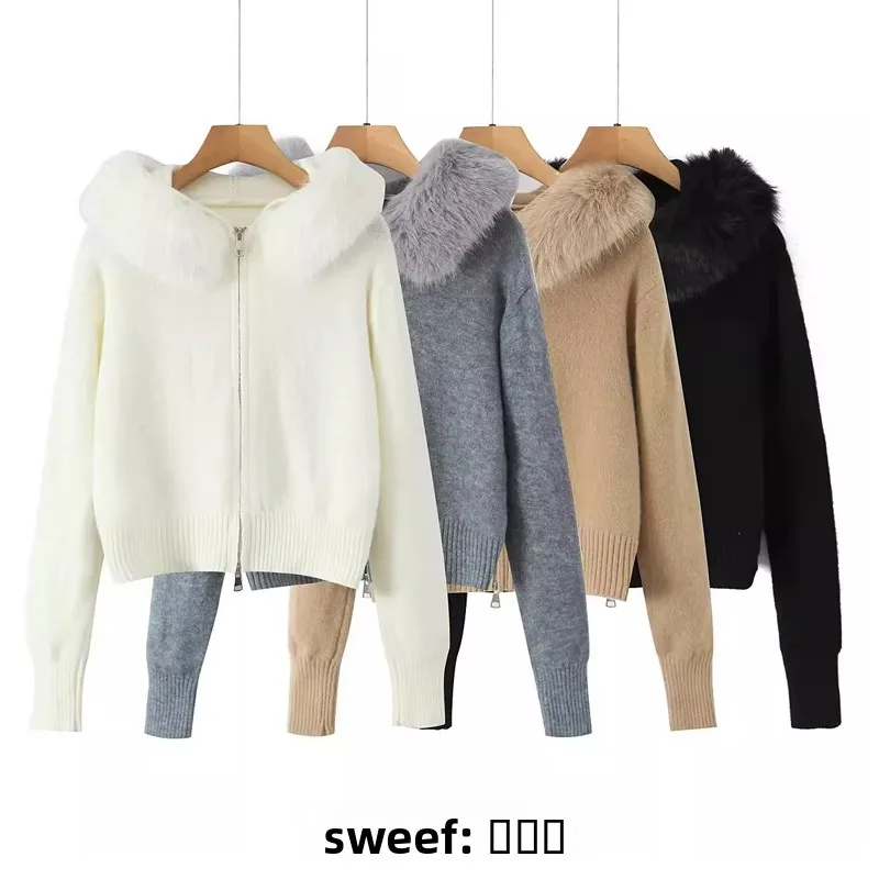 

Женский вязаный кардиган на молнии с капюшоном и воротником из искусственного меха, осенняя коллекция 2025, повседневный, комфортный крой
