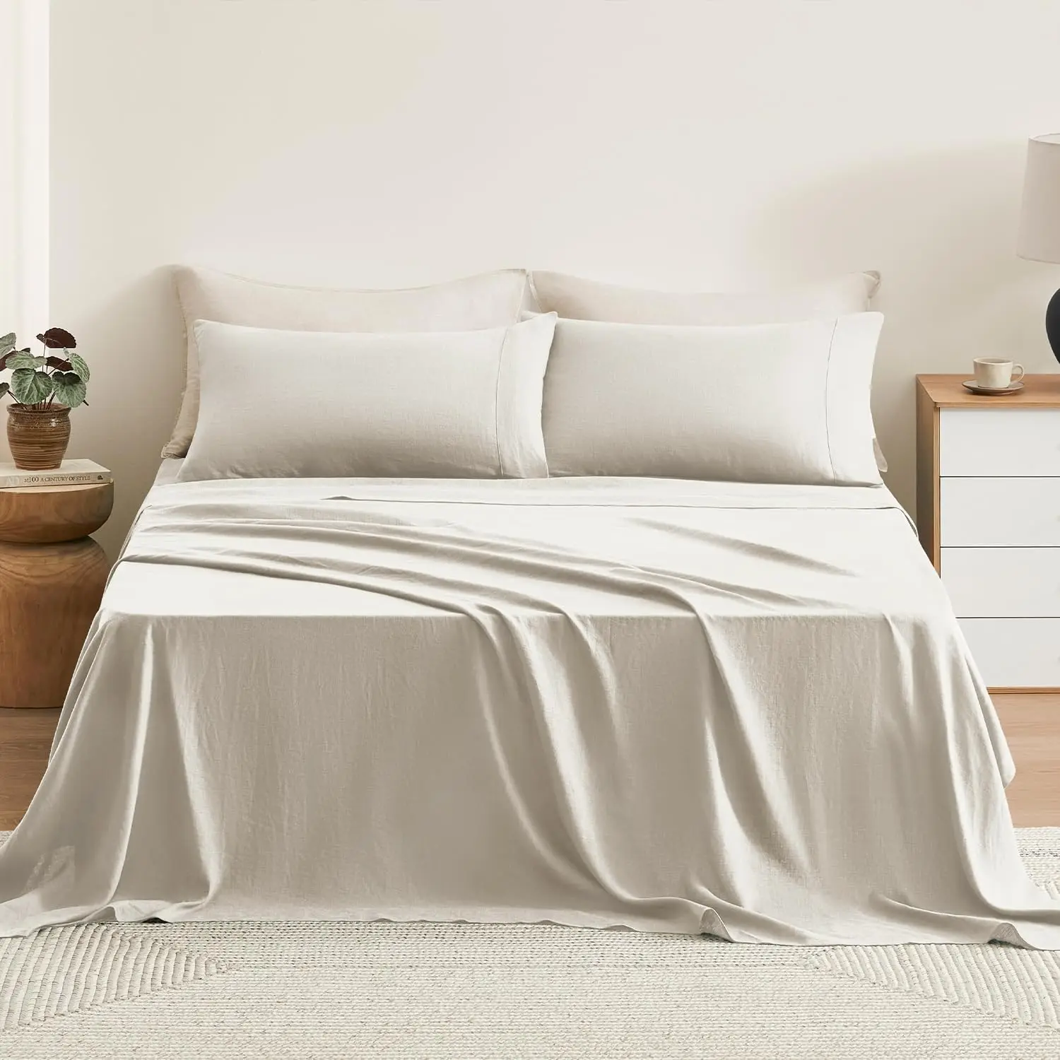 

100% French Natural Flax Linen Sheet Set - Queen, 4-Piece, Breathable & Durable, Stone-Washed for Softness, Hot Sleepers