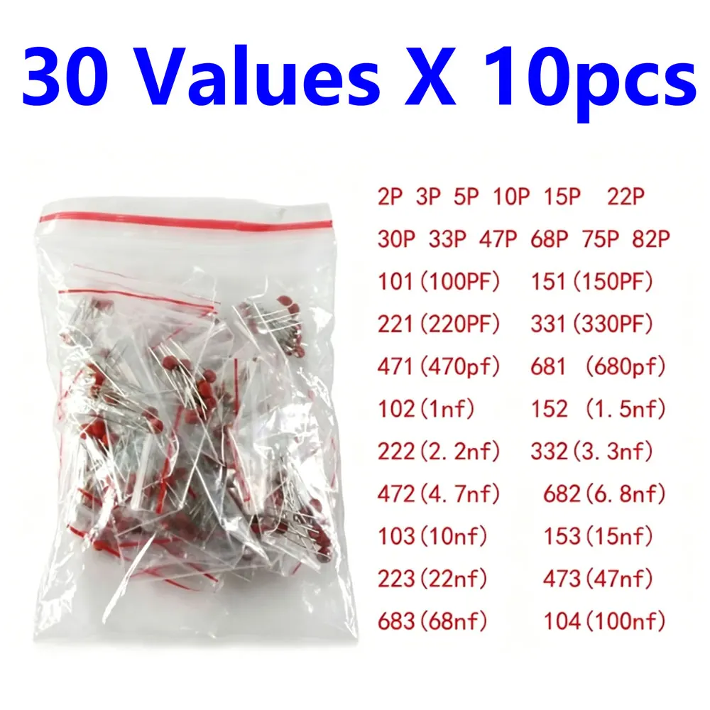 300pcs  Ceramic Capacitor Set Pack 2PF-0.1UF 104 103 30 Valuesx10pcs Electronic Components Package Capacitor Assorted Kit Samp