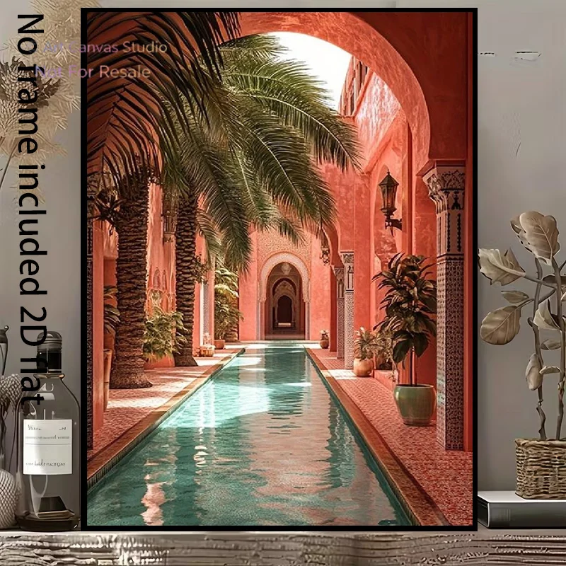 2D Flat, 1pc Moroccan-Themed Vertical Canvas Painting - Palm Tree & Pool Suitable for / Wall Decor, Suitable for Narrow Space