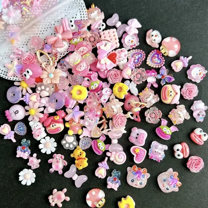 50pcs Resin Pink Flower Nail Charms Cute Cartoon Frog Bear Random Mixed Nail Art Decorations Accessories DIY Handmade Crafts