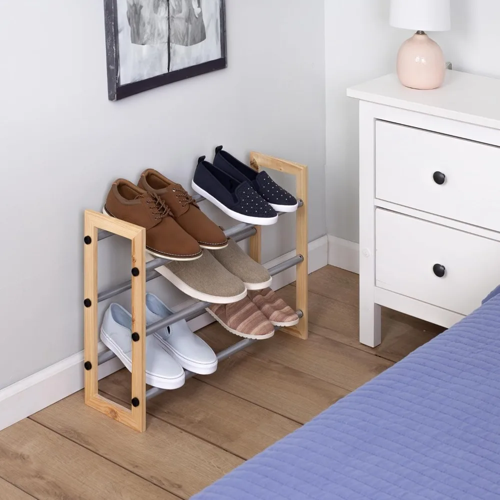 

Expandable Shoe Rack for Entryway, Adjustable Shoe Rack for Garage, Shoe Rack for Front Door,Metal Shoe Rack 3-Tier Wood & Metal