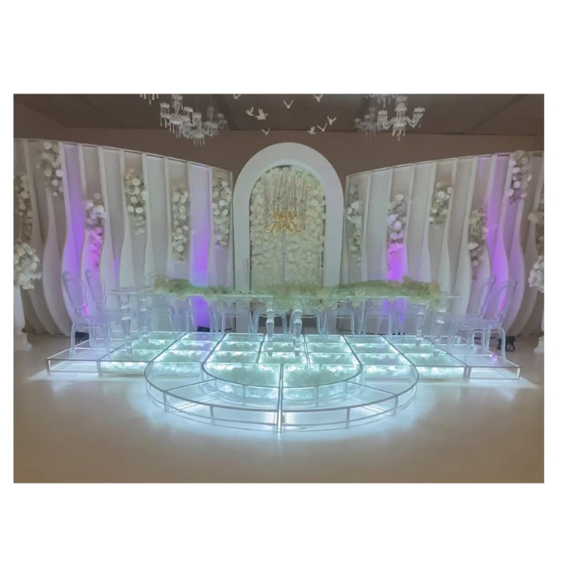 Venta caliente de fábrica medio círculo Led pista de baile colorida Disco Led piso superior de cristal para decoración de escenario de boda