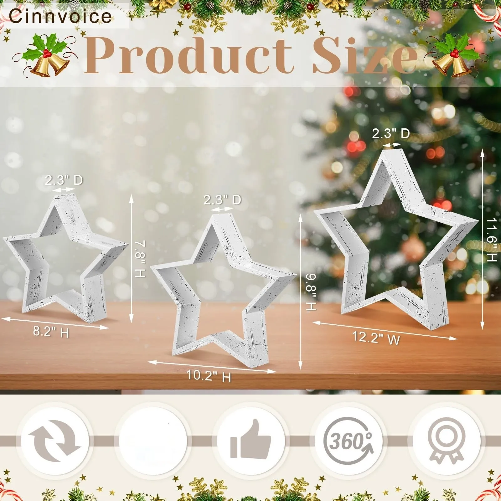 3 PCS Wooden Star Ornament Christmas Tabletop Decor Christmas Farmhouse White Star Craft Rustic DIY For Fireplace Shelf Desktop