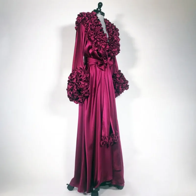 Wine Red Night Robes High-end Silk Long Sleeve Tiered Ruffles Dinner Party Evening Dresses Sleepwear Custom Nightgowns Robes