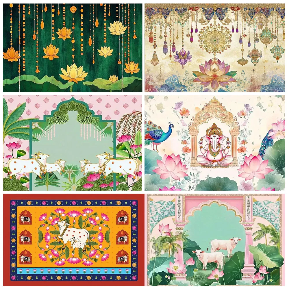 

Indian Temple Background Supplies Lotus Goat Ganesh Marigold Photography Backdrop Banner Celebration Party Decor Photo Studio