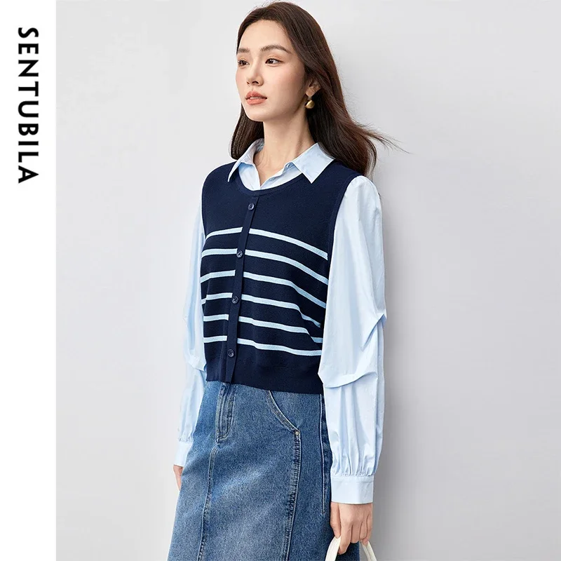 SENTUBILA Patchwork 2 in 1 Women Blouse 2025 Spring Fashion Spliced Striped Folds Drop Sleeve Chic Shirts & Blouses W51C58818