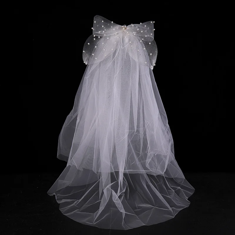 Ivory Tulle Bridal Veil with Bow Short Wedding veils White Mesh Headpiece Bride Short Veil Back Head Decor Hair Accessories image 3