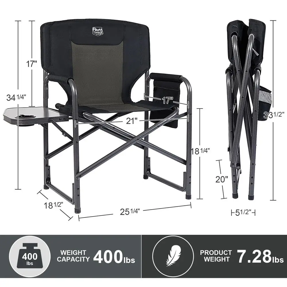 

Aluminum Oversized Camping Chair, Lightweight Portable Directors Chair with Side Table Detachable Side Pocket for Outdoor Campi