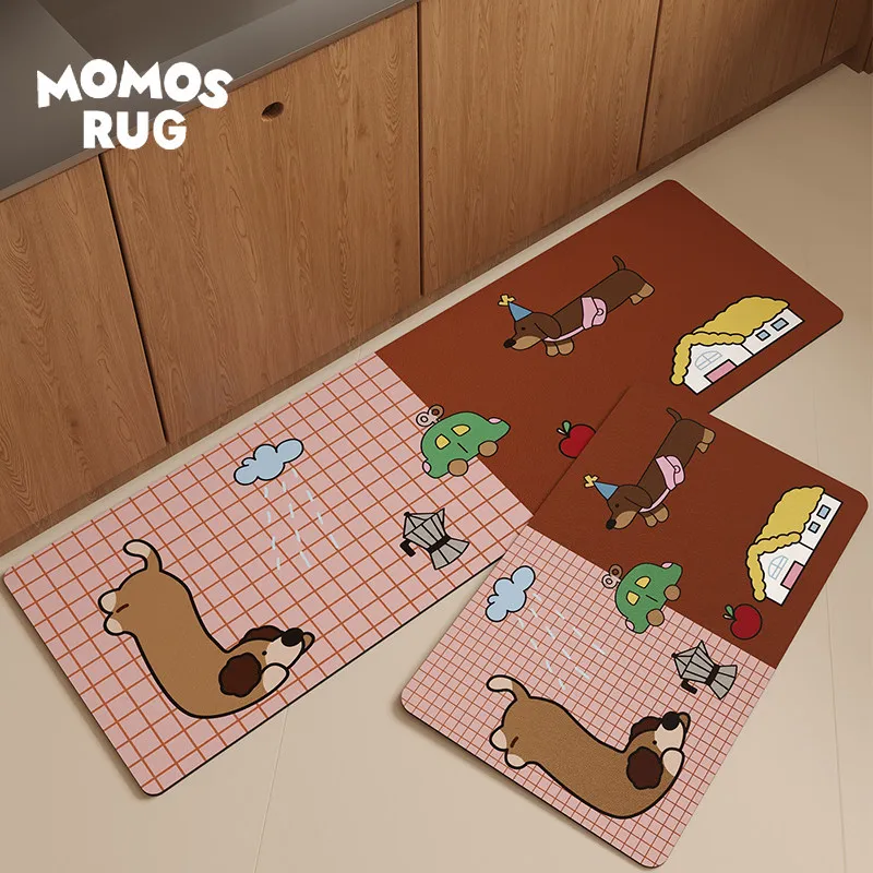Cartoon Dachshund Grid Kitchen Runner Mat Waterproof Oilproof Non Slip Anti Fatigue Lovely Pet Farmhouse Kitchen Floor Doormat