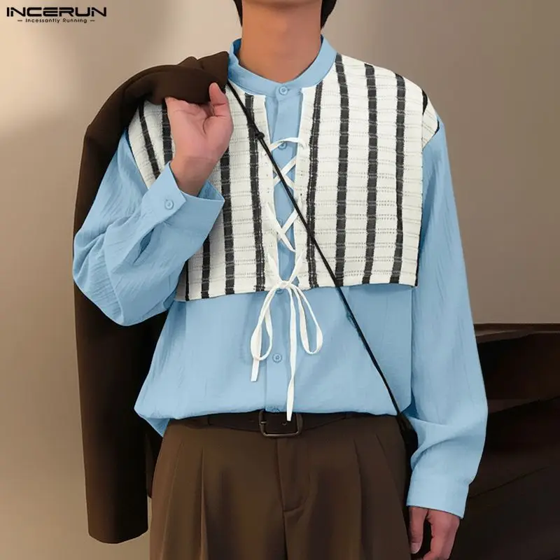 

INCERUN Мужская рубашка в стиле пэчворк с воротником-стойкой и длинным рукавом Мужская одежда Уличная одежда Свободные модные повседневные топы в корейском стиле Мужские рубашки