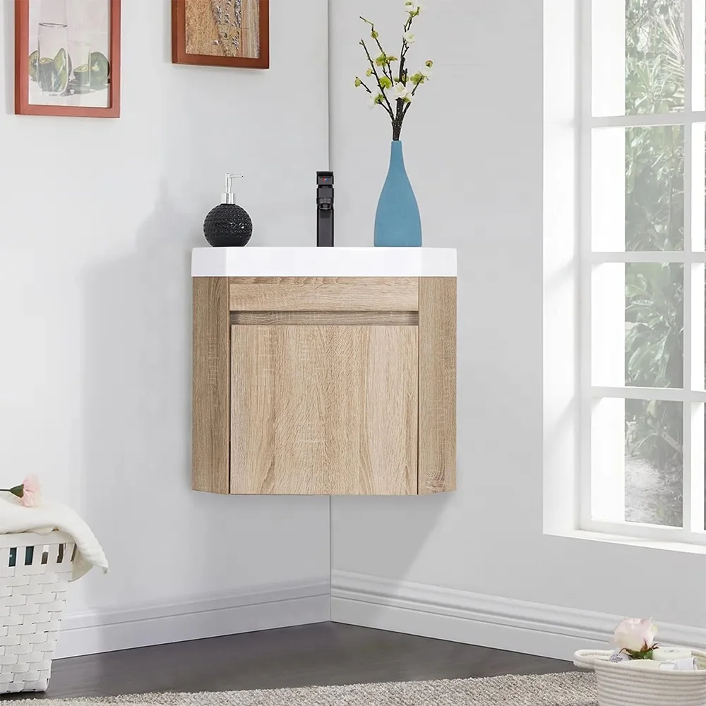 *-22 Inch Bathroom Wall Floating Small Oak Triangle Corner Vanity Cabinets Combo Set with Sink Accessories%