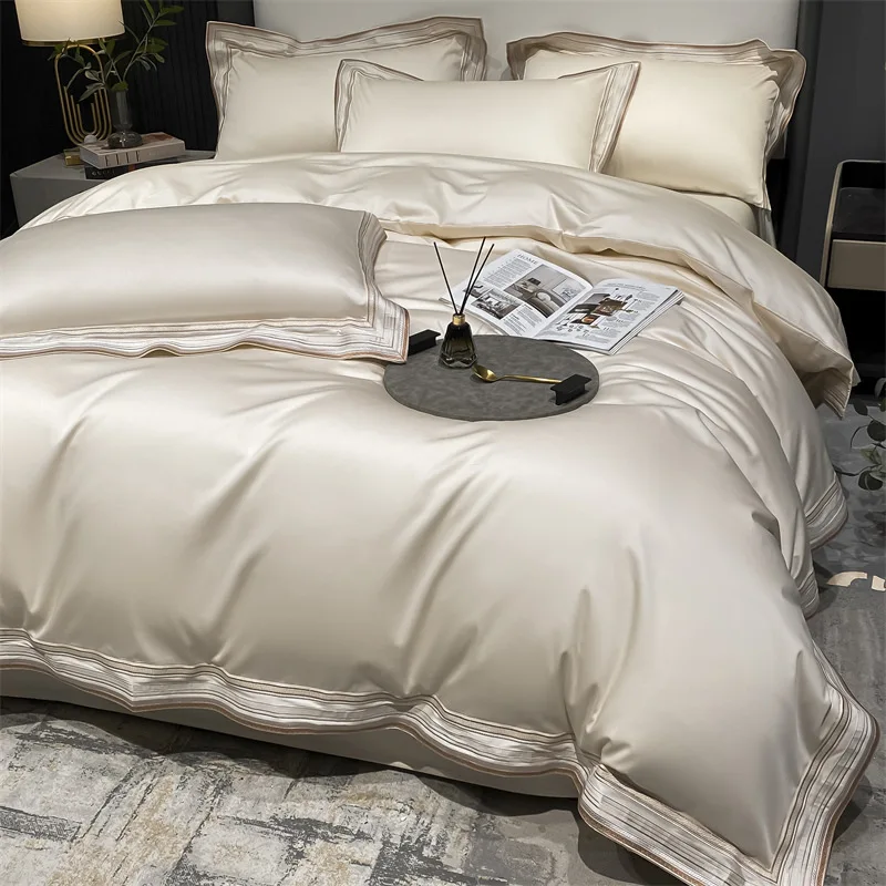 Light luxury 210 long-staple cotton pure cotton four-piece set simple embroidery solid color quilt cover bed sheet cotton