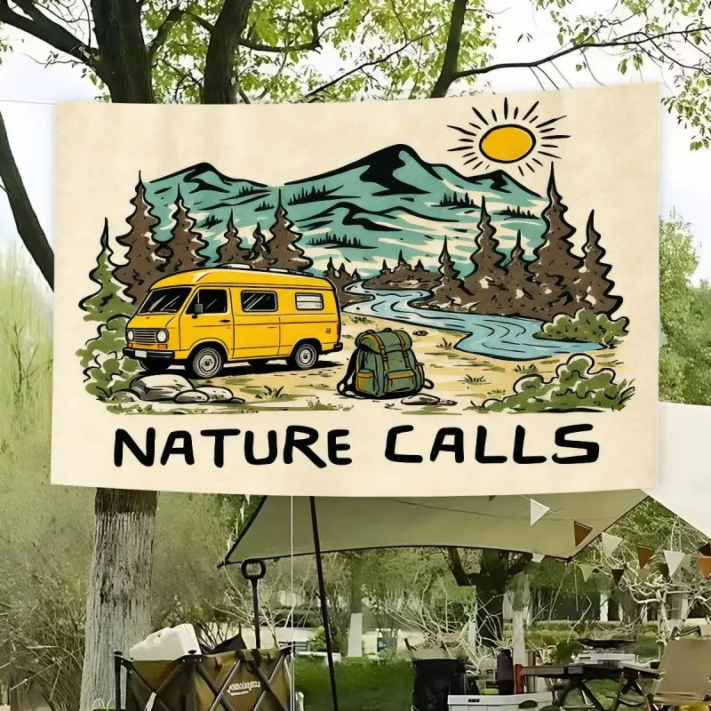 VIKAMA Nature Calls Van Camping Tapestry Mountain Forest River Graphic Wall Hanging Decor Bedroom Outdoor Campsite