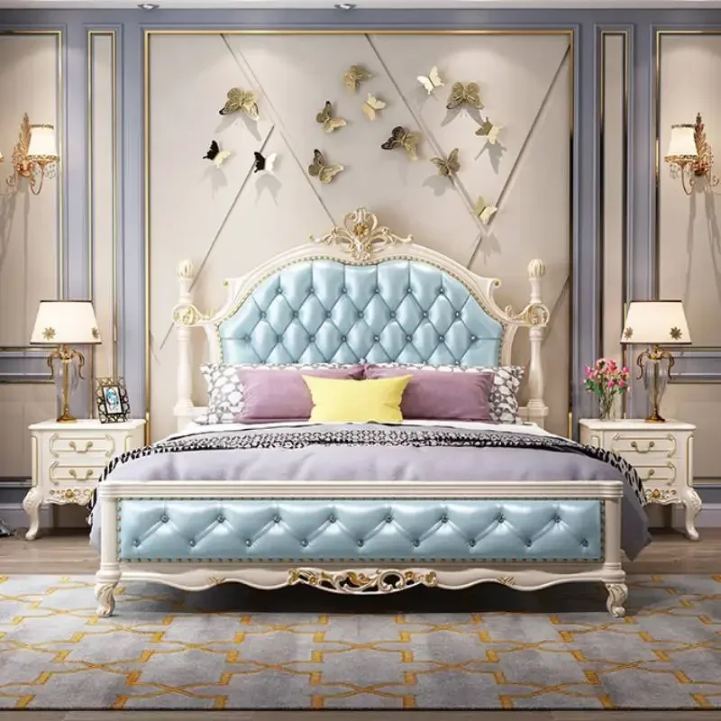 Postmodern European Double Bed Tall Headboard Elegant Wood Luxury Lit Pliable Bed Frame Bedroom Cama Solteiro Trendy Furniture