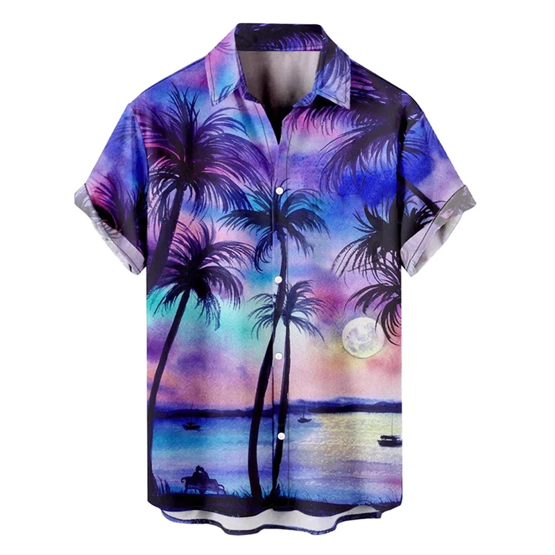 Camisa de manga curta havaiana masculina, impressão 3D, padrão de coqueiro, roupas masculinas, tops de harajuku, moda verão