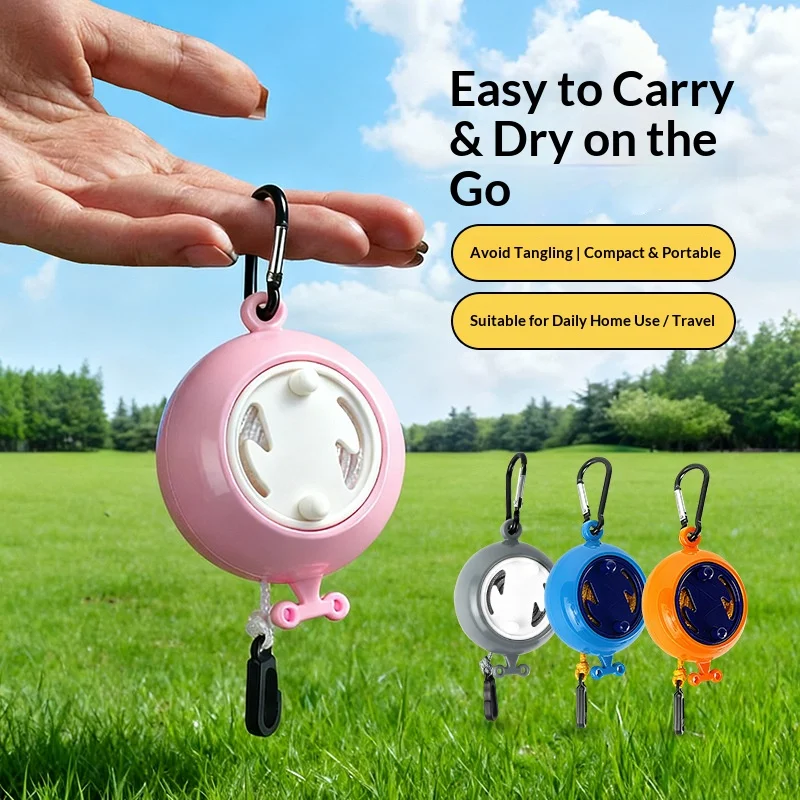 Multifunctional Compact Retractable Clothesline,Anti‑tangled Retractable Rope,Carabiner Clip Attachment,Compact Round Casing,Portable Temporary Hanging Gear for Backpackers