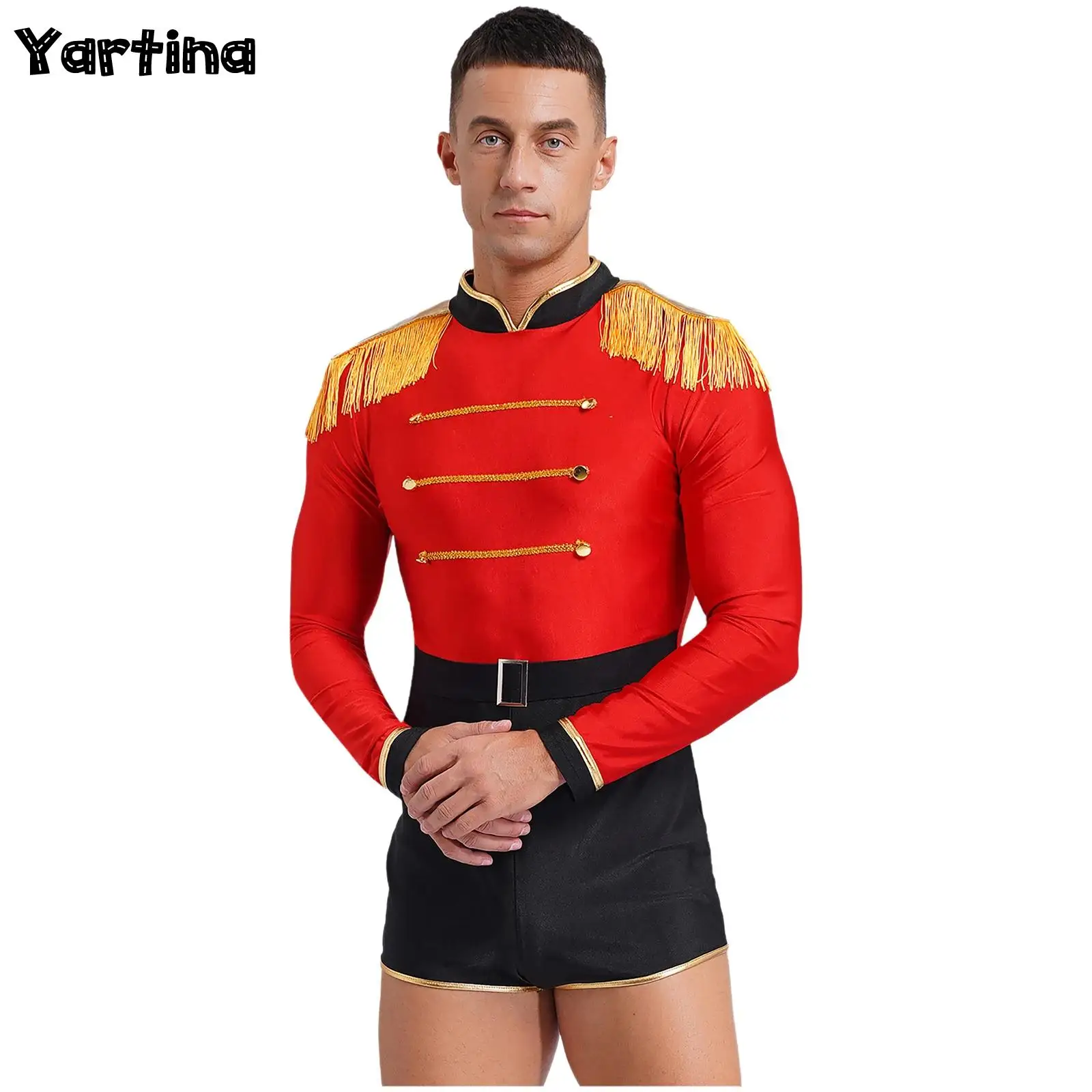 

Mens Circus Ringmaster Director Uniform Costume Lion Tamer Cosplay Outfits Fringe Shoulder Boards Gold Bodysuit Jumpsuit