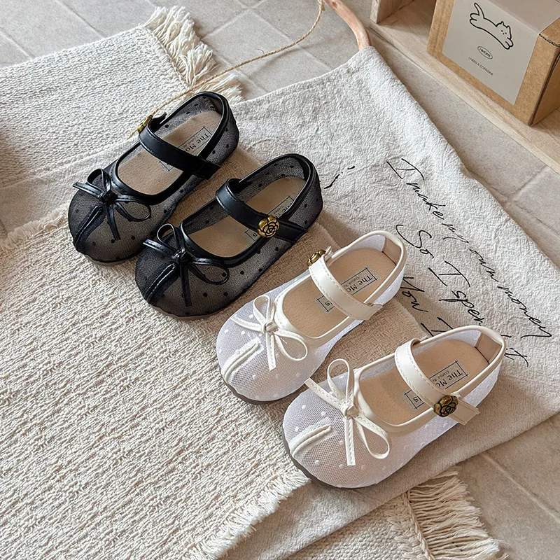 Kids'Casual Shoes Girls Mesh Summer Fashion Bow Flat Bottom Solid Color Breathable Anti-slip Soft Bottom White Black Size 21-33