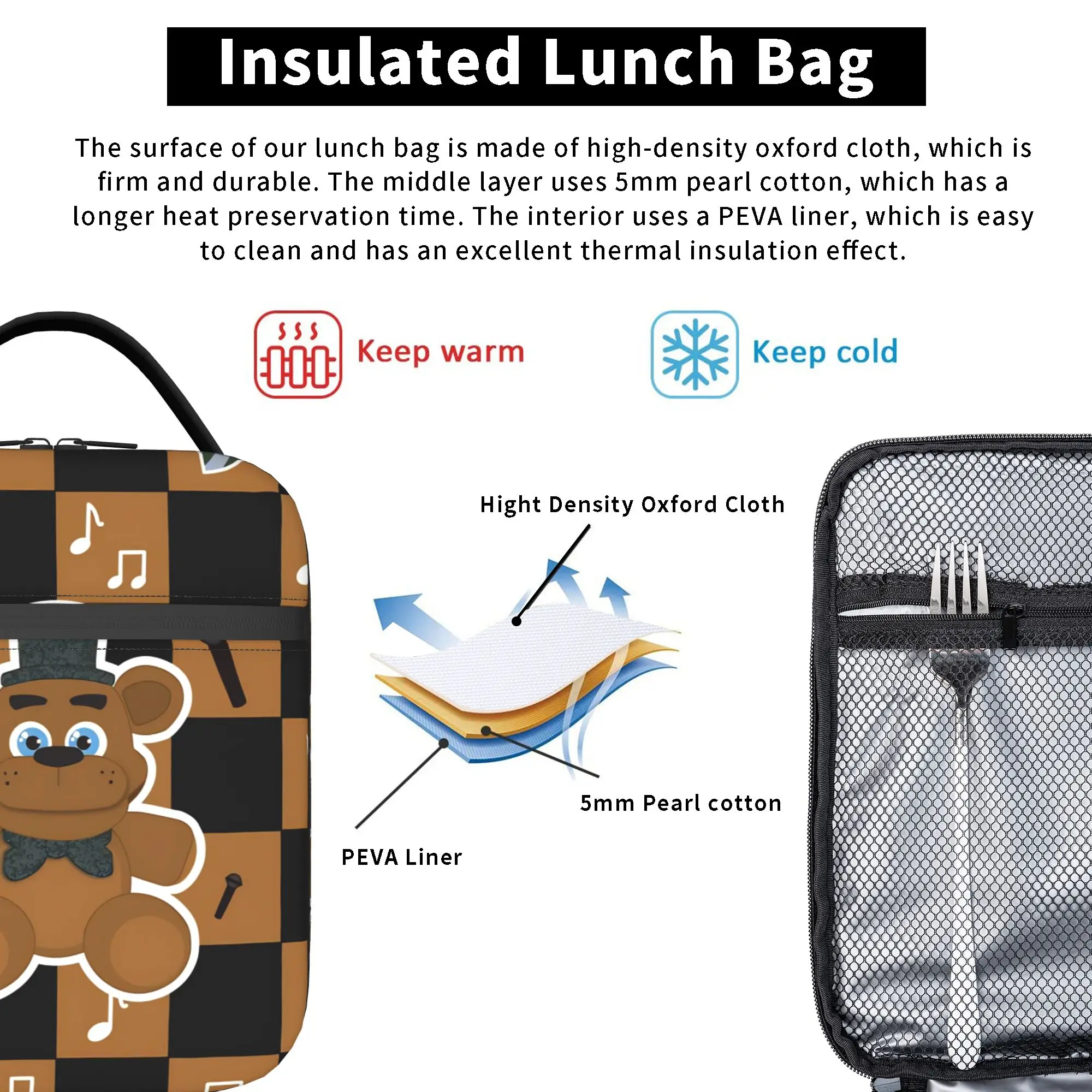 FNAF At Freddys Thermoisolierte Lunchtaschen für Picknick, tragbare Cartoon-Lebensmitteltasche, Thermo-Kühlboxen – Detail 4