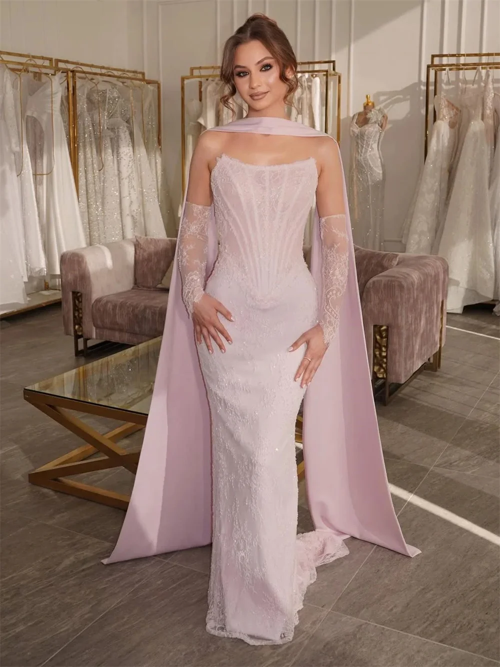 Cathy Customize Exquisite Pink Lace Mermaid Prom Dress With Scarf Brush Train vestidos de noiva Corset Detachable Train Formal