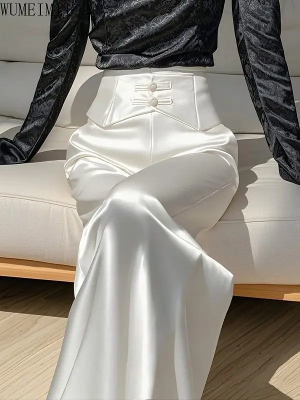 

New Chinese style white satin wide-leg pants 2025 spring high-end high-waisted straight casual pants