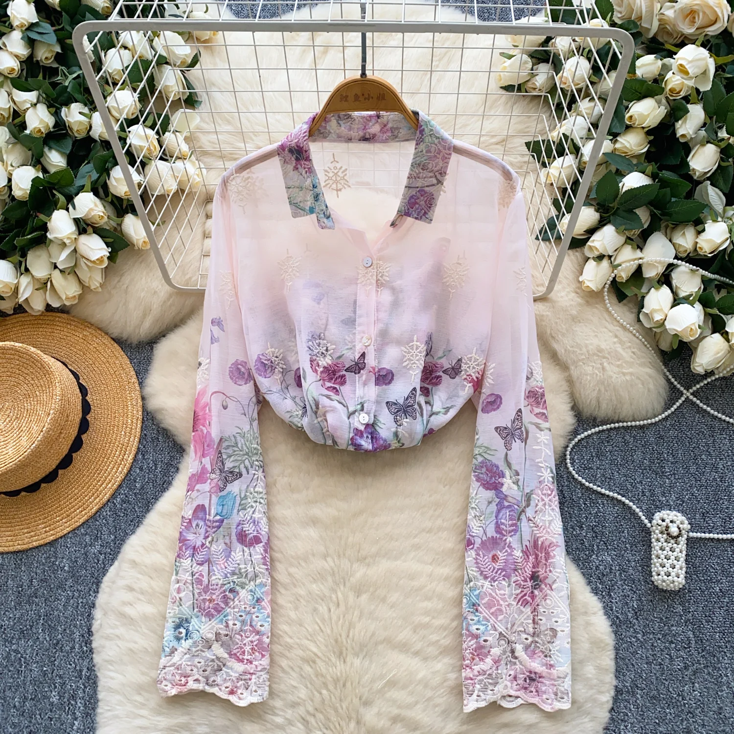 Hollow Out Embroidery Shirt for Women Spring Autumn New French Romance Single Breasted Print Coats Good-looking Lapel Tops