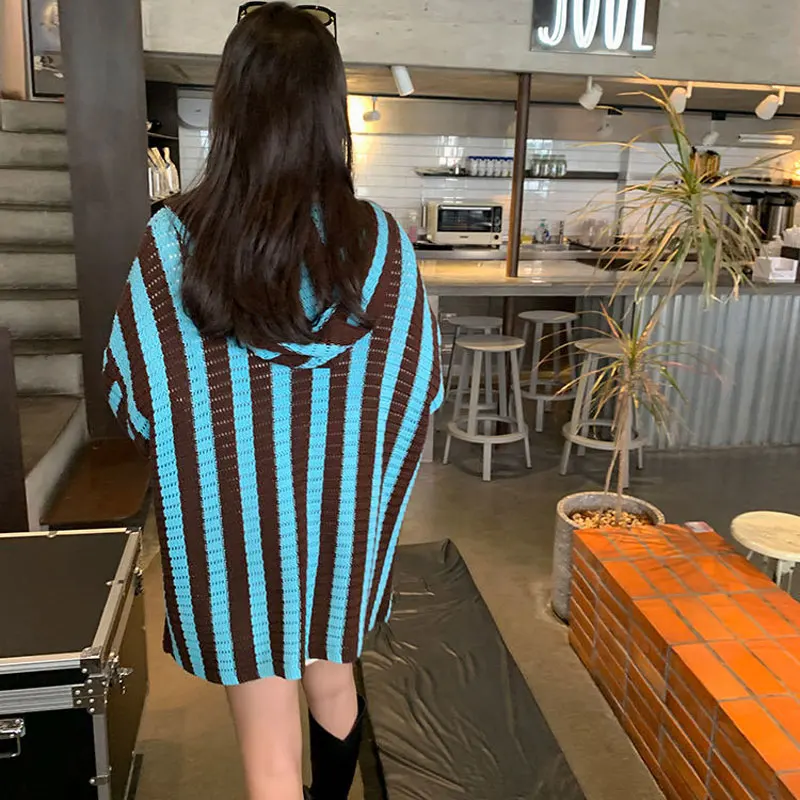 Female Clothing Korean Striped Knitted Cardigan Autumn Winter Long Sleeve Stylish Pockets Spliced Casual Hooded Loose Sweaters