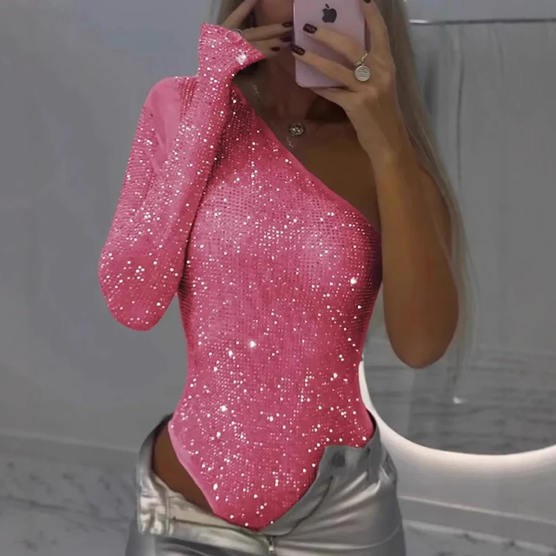 

Women Elegant Shiny Sequins Asymmetrical Party Jumpsuit Fashion Hollow Out Slim Club Romper Sexy One Shoulder Sleeve Bodysuits
