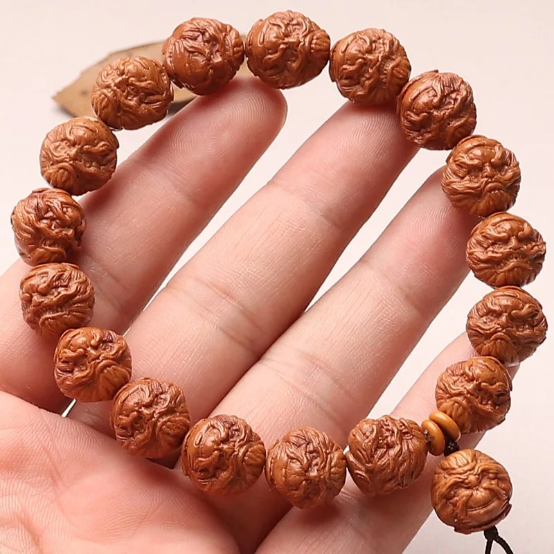 2026 Chinese Style Carved Zhong Kui Natural Wild Dragon Pattern Peach Pit Single Strand Bracelet Wenwan Collectible Bracelet For