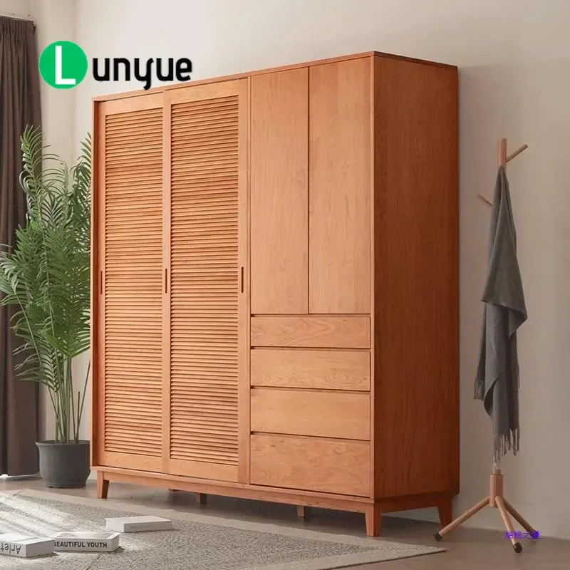 Nordic Japanese Style Cherry Wood Wardrobe All Solid Wood Large Capacity Bedroom Furniture Louver Sliding Door Closet Home