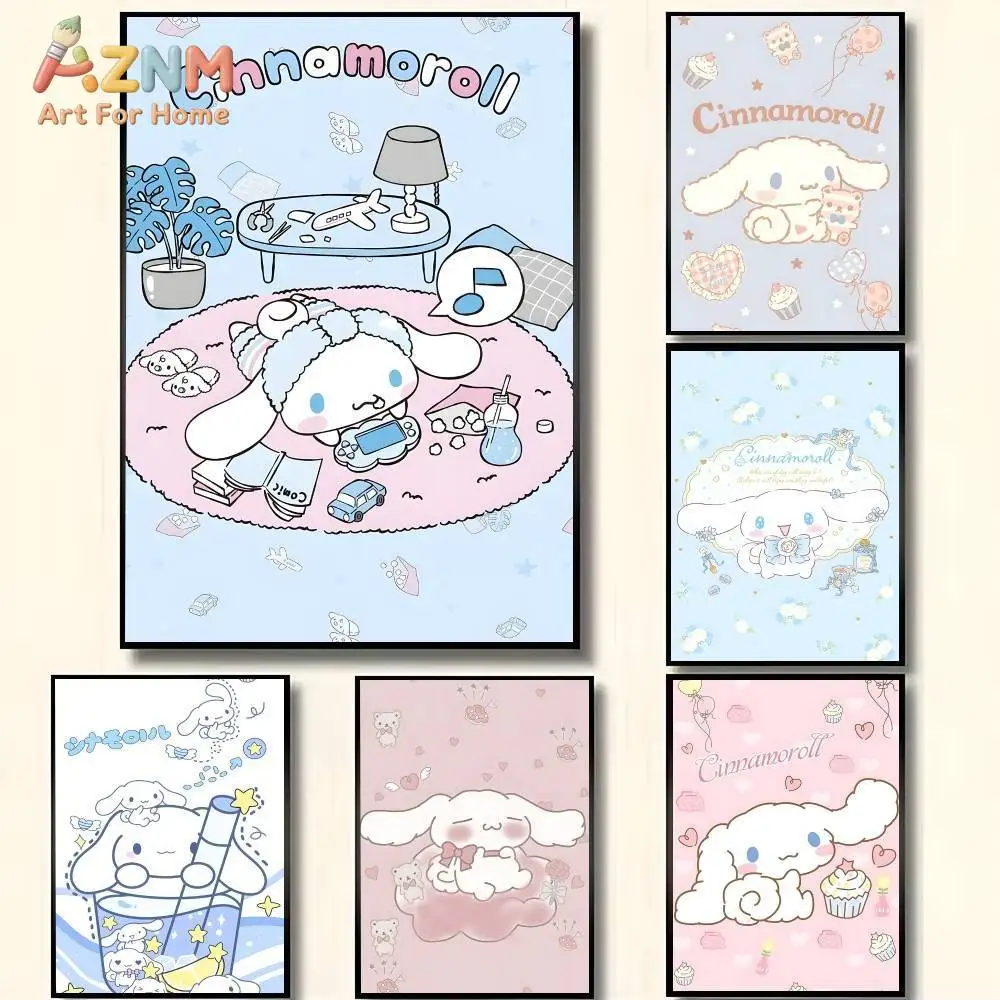 Cute Sanrio Cinnamoroll Wall Poster,Soft Pastel Blue Pink Canvas Print,Unframed Wall Art for Girls Bedroom Home Decoration Gift