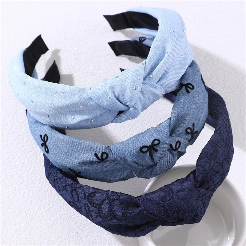3pcs/set Dark Blue Denim Beaded Headband – Stretchy Elastic Hair Hoop for Everyday Styling.