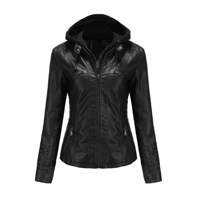 Autumn Winter Women Leather Jacket Hooded Removable PU Leather Jackets Motorcycle Long Sleeve Zipper Coat Black Outerwear S-4XL