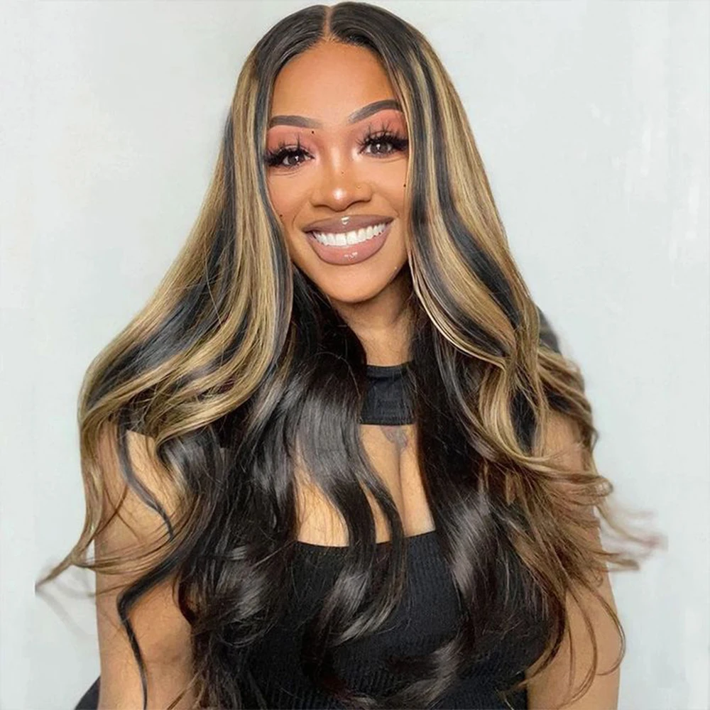 1B/27 Blonde Balayage Body Wave Wig 13X4 Transparent Lace Frontal Wigs 200% Density Real Human Hair Ombre Highlight Wigs