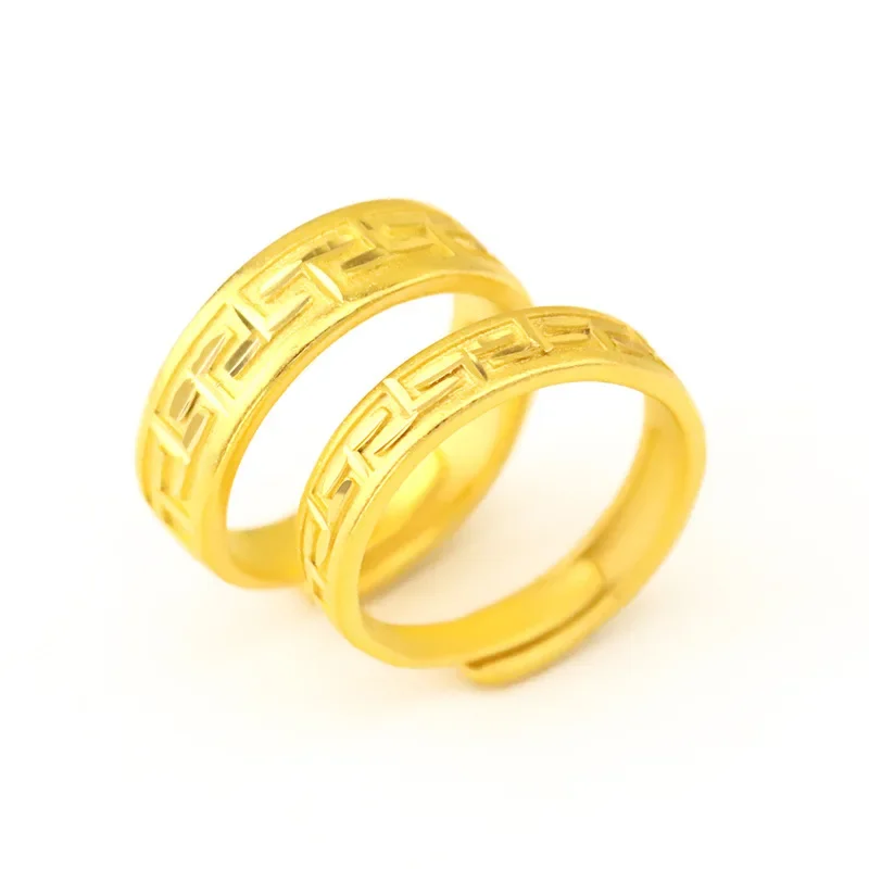 9999 real gold 24K yellow gold Wan Zi Pattern Couple\'s Ring Great Wall Pattern Pair Ring