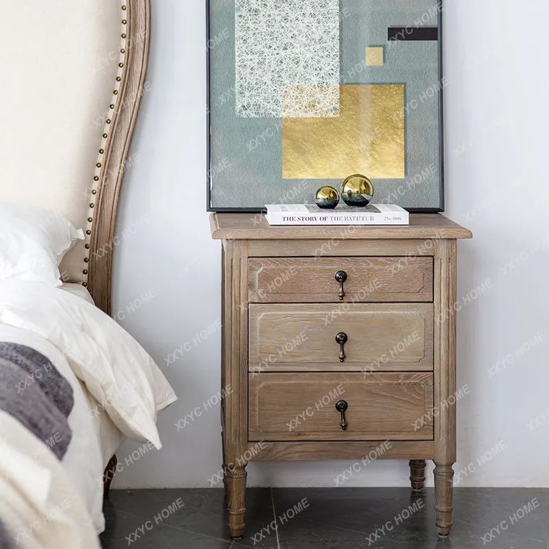 Country solid wood three-draw oak bedside table simple bedroom locker carved bedside bedside table