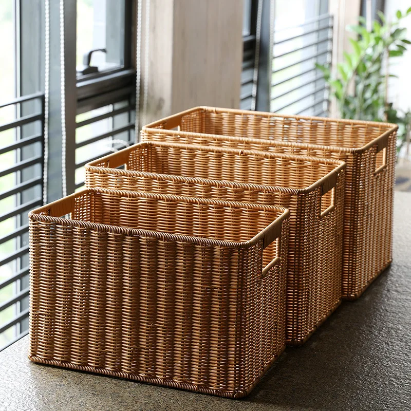 

Hand-Woven Rectangular Rattan imitation Basket Fruit Tea Snack Bread Picnic Cosmetic Storage Box Kitchen Household Tools