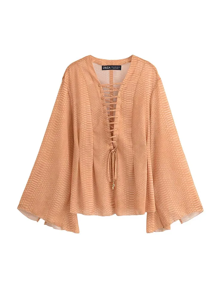 

Women Summer Blouses Shirts Tops 2025 Fashion Solid Loose O-Neck Bandage Female Elegant Street Top Clothing
