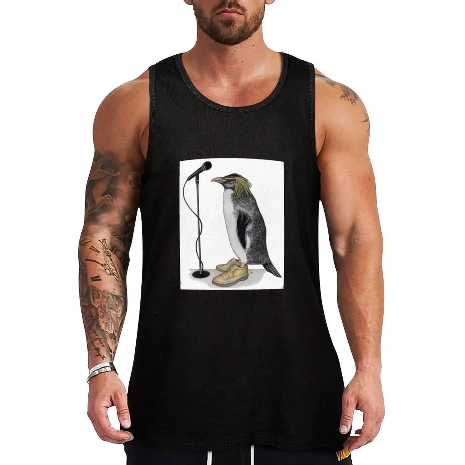 Penguin in gold wingtips with microphone Tank Top Retro Graphic Tank Top Vintage Print Sleeveless Shirt