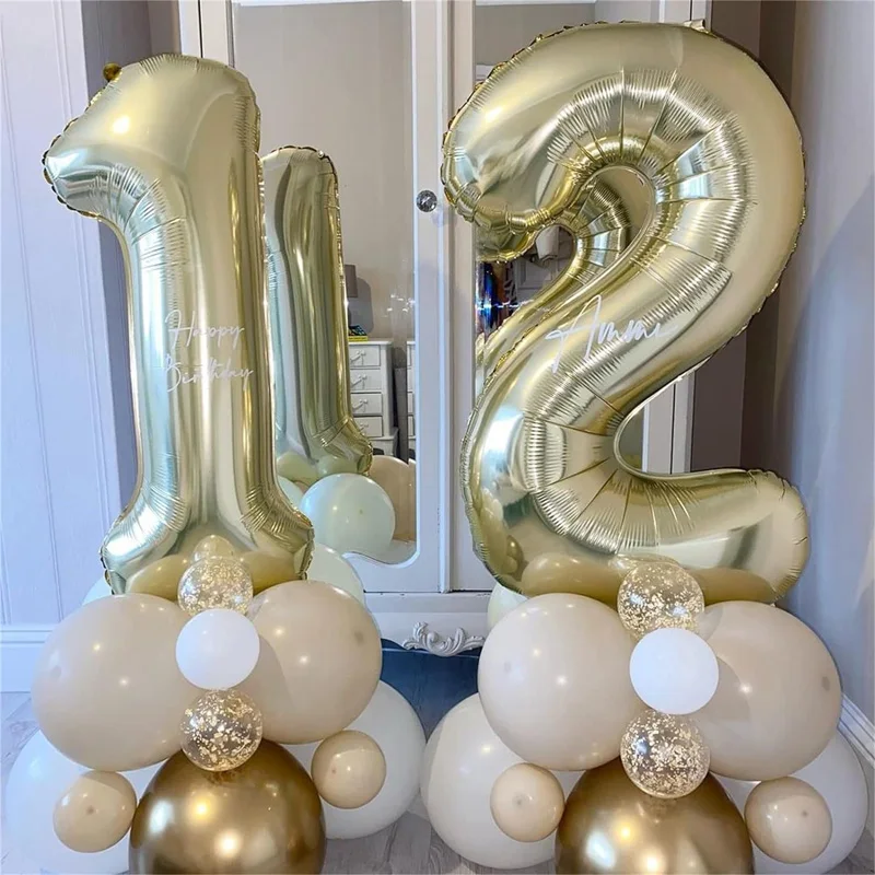 Balon foliowy cyfrowy 40 cali, duży, w kolorze białym złotym i jasnym złotym, na urodziny dla dziewczynek, z heliem, duży balon z numerem 0-9, dekoracja, globosy. — zdjęcie 3