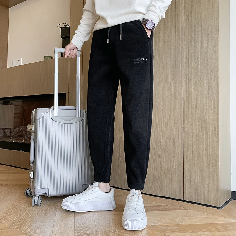 Trendy Brand Corduroy Fce Lined Cuffed Men's Casual Pants Warm Youth Active Sle Loose Fit Spor Trousers Autumn Winter