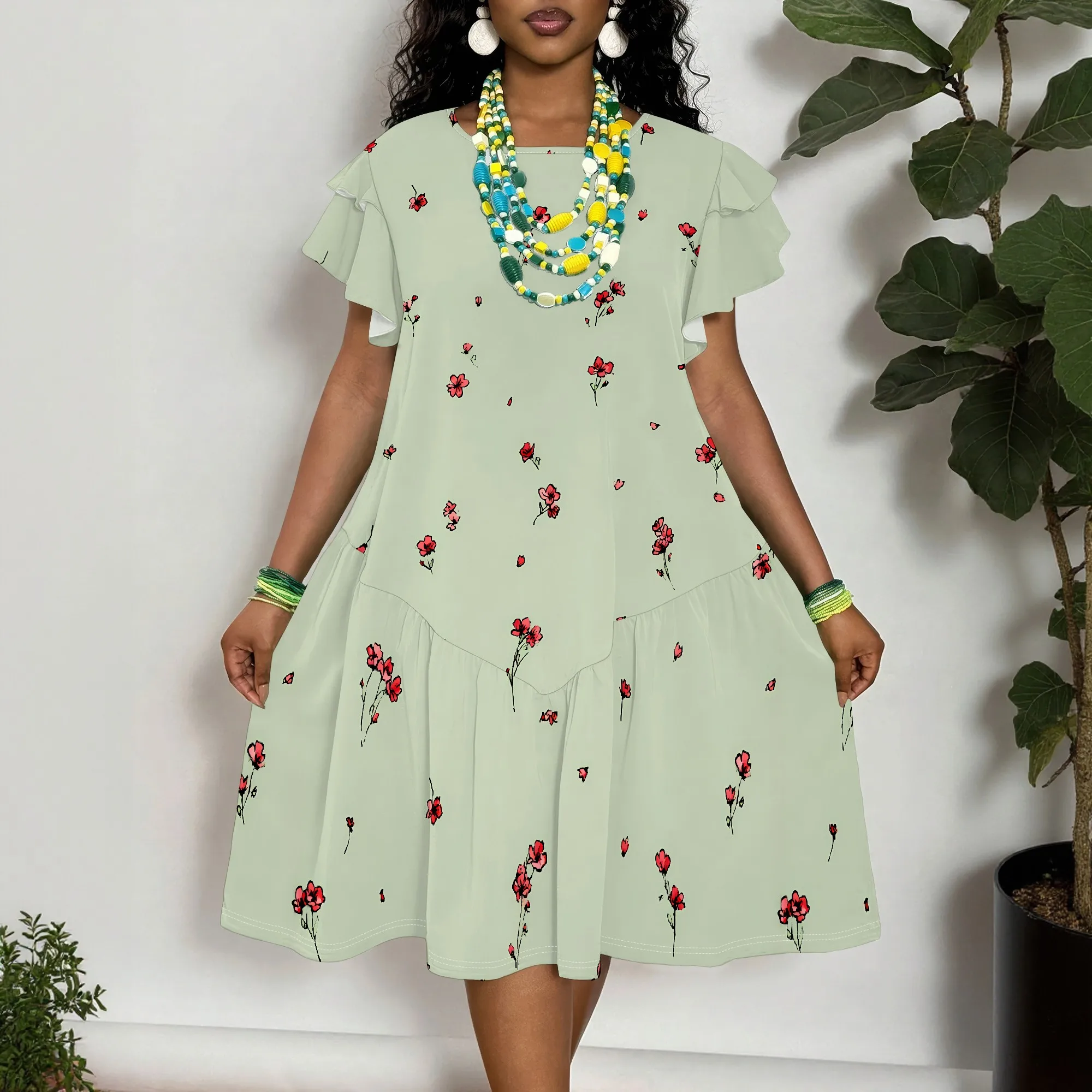 

Women's Sage Green Floral Print Ruffle Sleeve Tiered A-Line Midi Dress