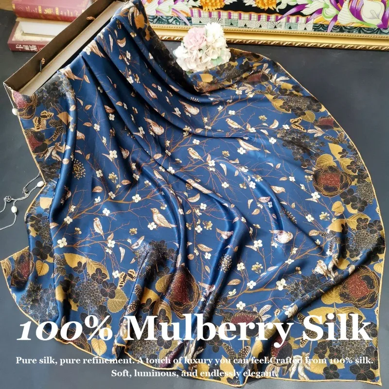 

Роскошный шелковый платок 110 см из 100% натурального шелка тутового шелкопряда с ручной подгибкой края, большой квадратный шарф, дизайнерский цветочный фулярд для офиса и делового стиля