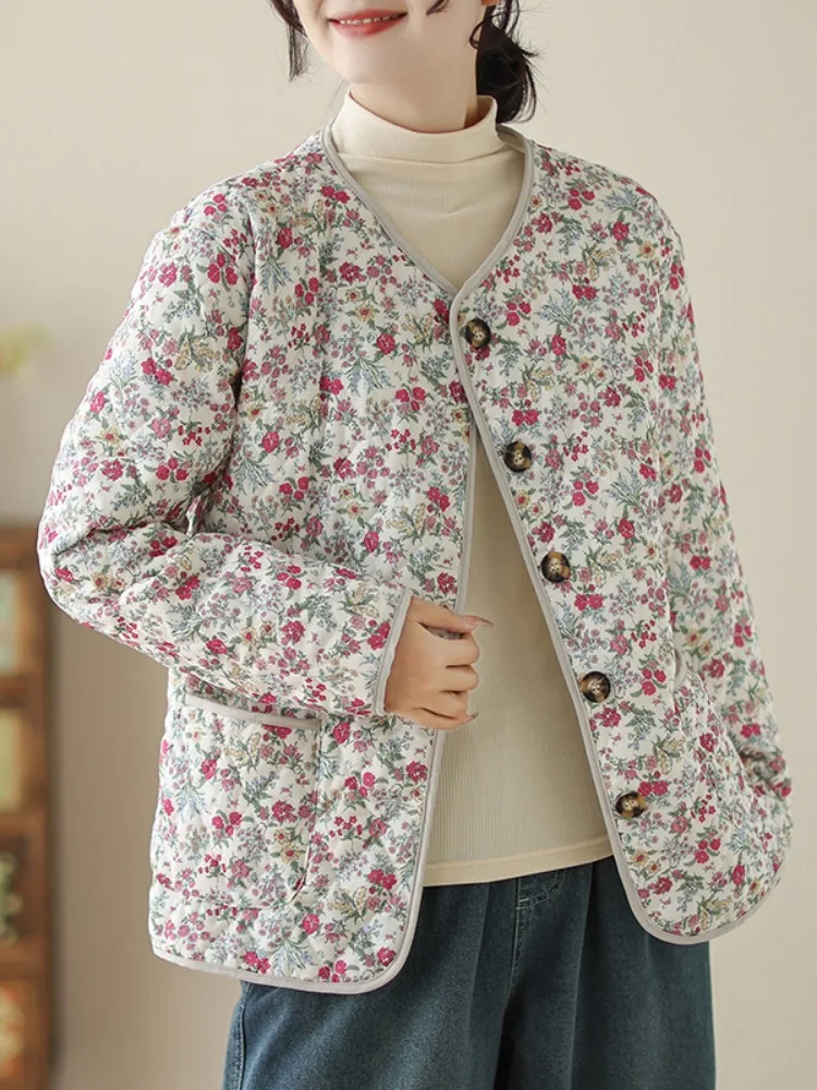 Winter Lightweight Cotton Jacket Women's Loose Fit Young Style No Collar Floral Embroidery Diamond Pattern Home Clothes